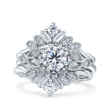 Art Deco Three Piece Wedding Bridal Set Ring Round Simulated Cubic Zirconia 925 Sterling Silver